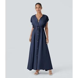 NWT Halara Deep V Neck Butterfly Sleeve Pocket Flowy Maxi Casual Dress Blue XL